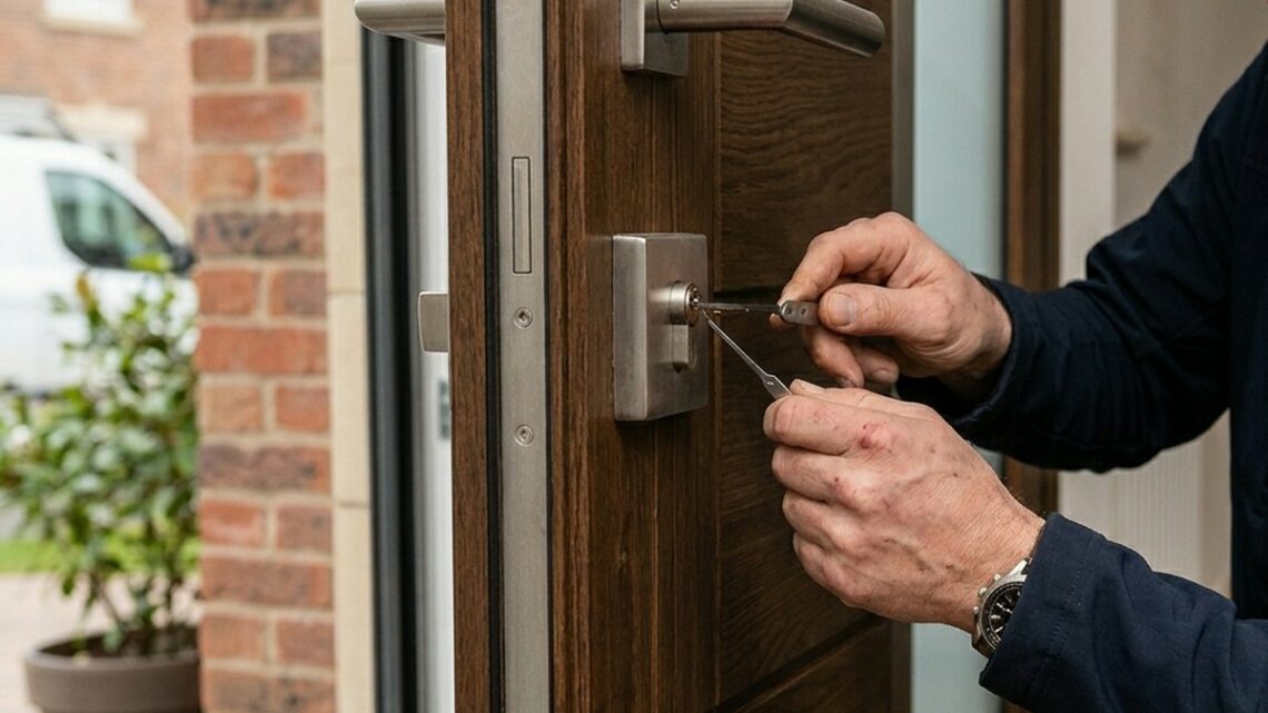 Un serrurier ouvre une porte d'entrée en bois avec ses outils
